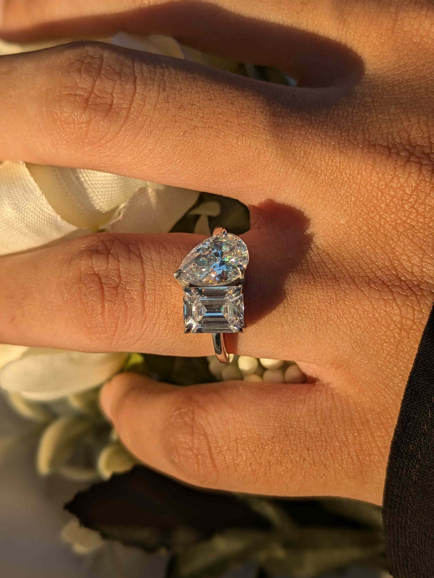 Pear & Emerald Toi Et Moi Solitaire Silver Ring