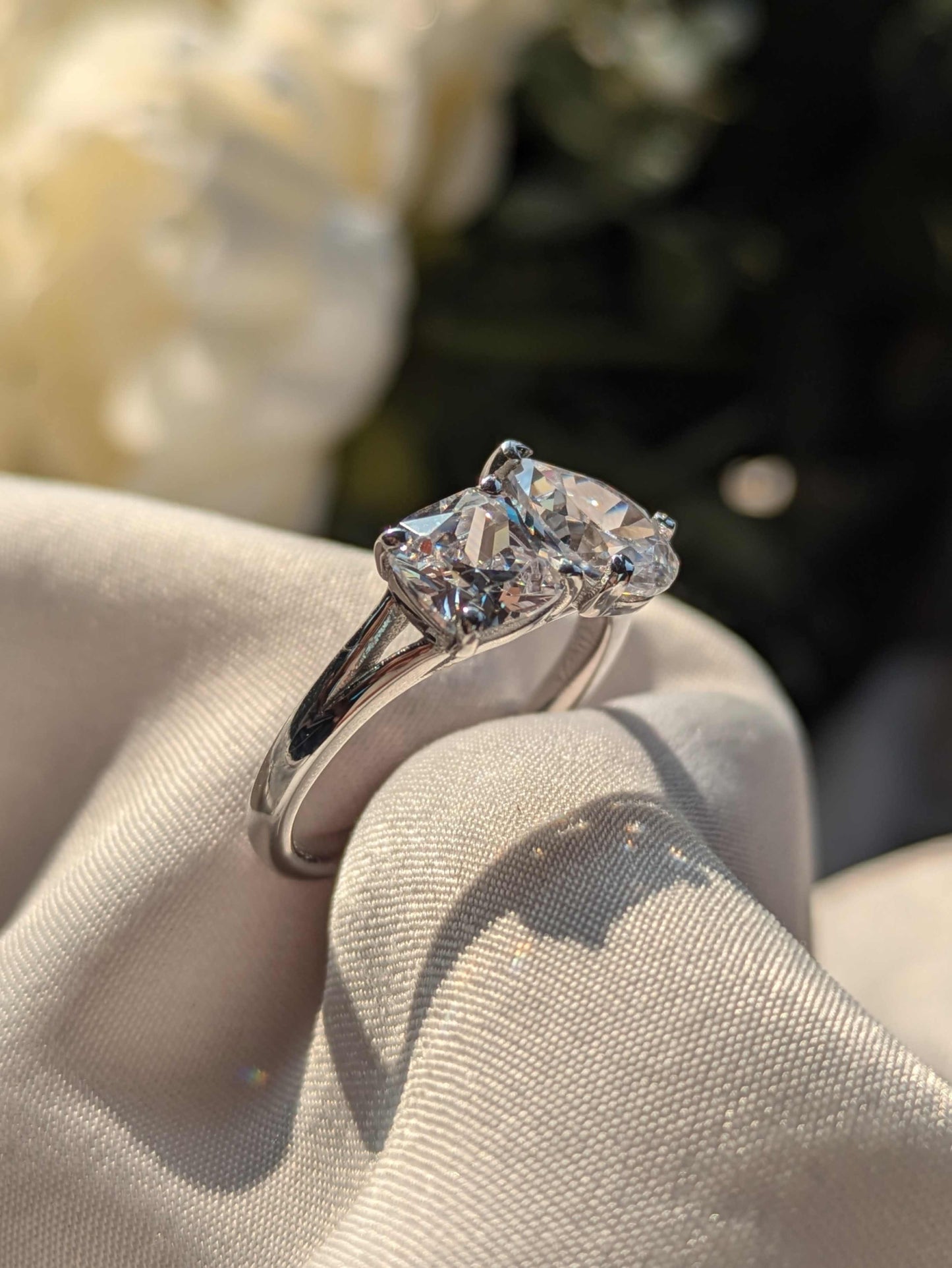 Pear & Cushion Toi Et Moi Solitaire Silver Ring