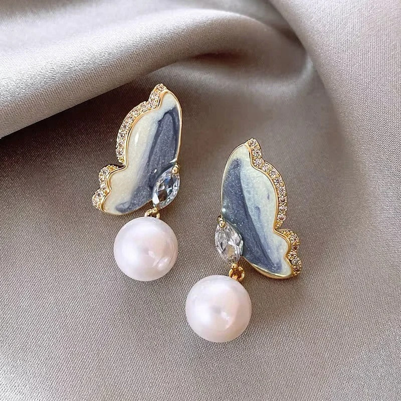 Marble Butterfly Pearl Drop Earrings