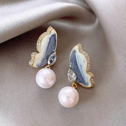 Marble Butterfly Pearl Drop Earrings
