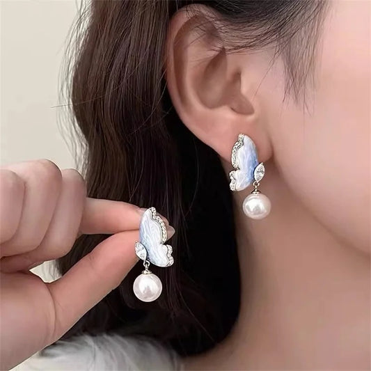 Marble Butterfly Pearl Drop Earrings
