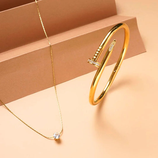 Modern Nail Bangle & Solitaire Necklace Set