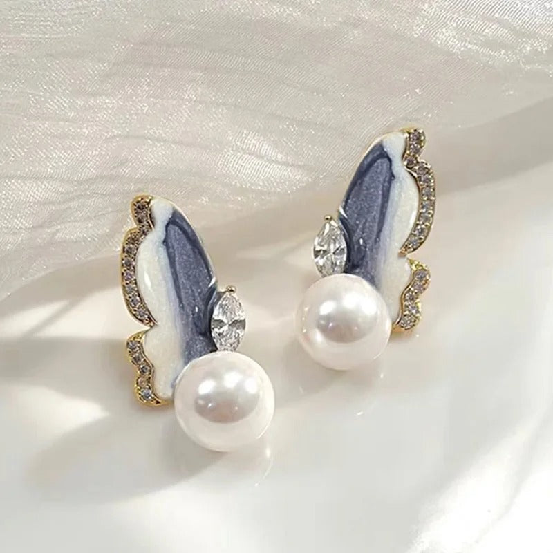 Marble Butterfly Pearl Drop Earrings
