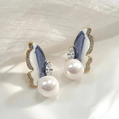 Marble Butterfly Pearl Drop Earrings
